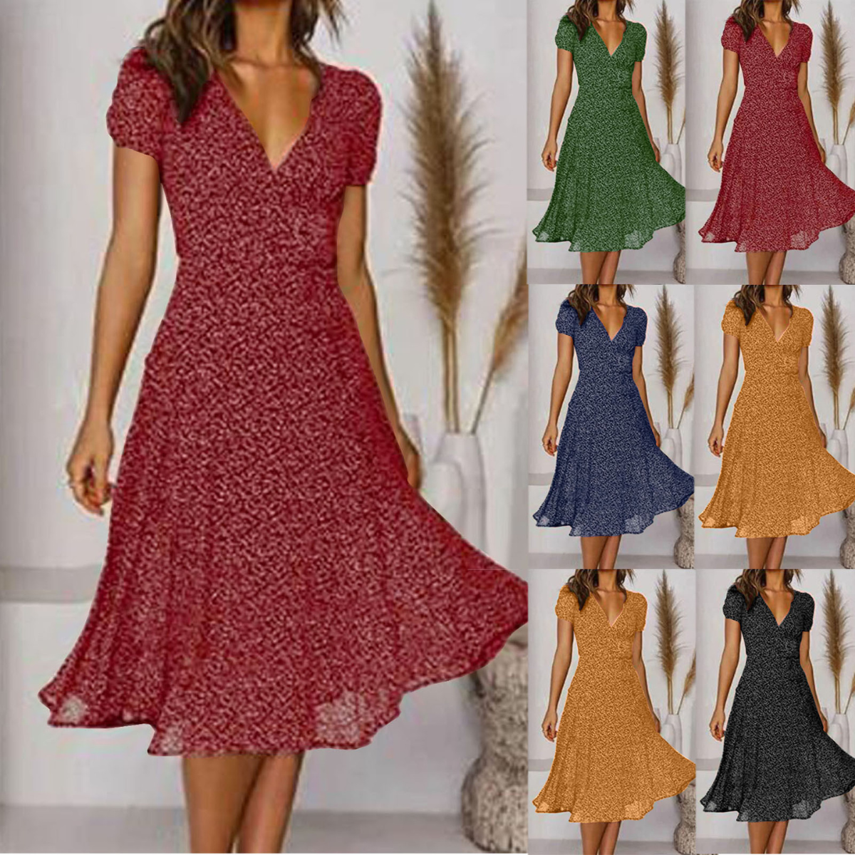 🌈💃【Sleva 50 % 🔥】👗😍 Nové dámské šaty 2026 ve větších velikostech s výstřihem do V a krátkými rukávy, květinové šaty s puntíky ve větších velikostech