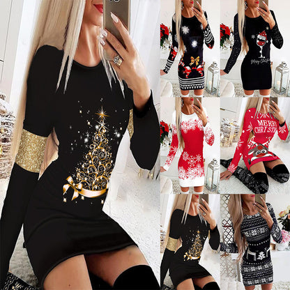 👗👗👗🎅🎅🎅【S-5XL】Jesen i zima 2025. Božićne haljine dugih rukava s printom-4165050