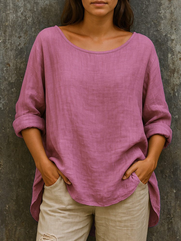 🦋🦋【S-3XL】Vintage stílusú, pamut-len kerek nyakú póló – bő, divatos, nagy méretekre szabva