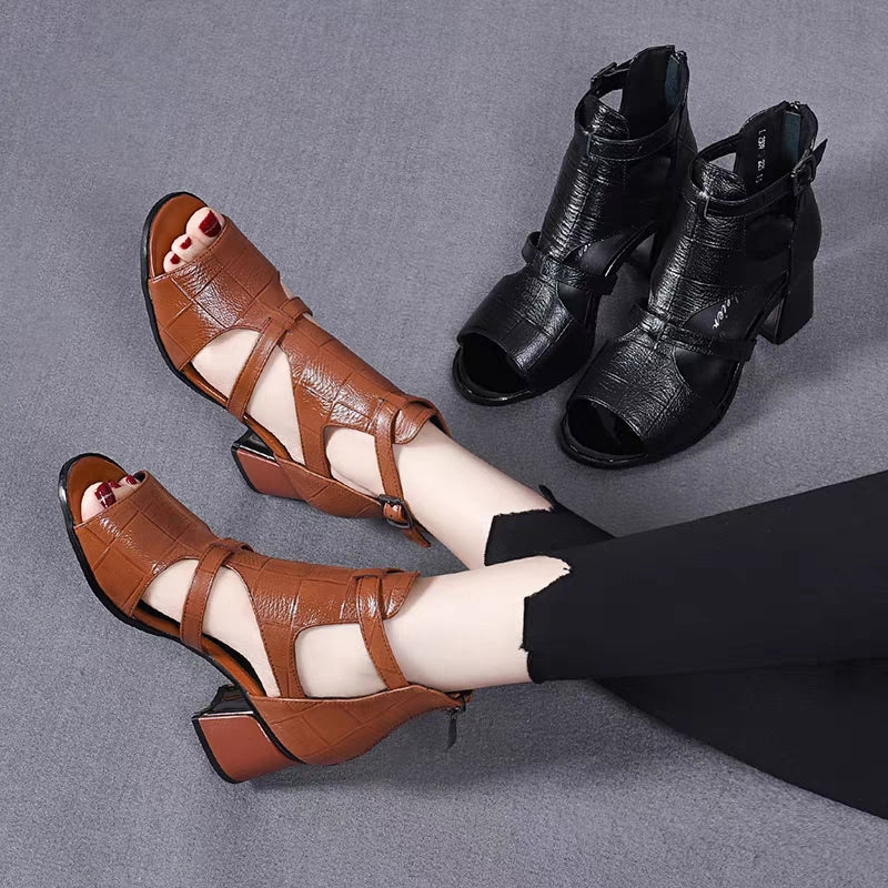 👡【35-40】Nowe miękkie, miękkie skórzane, dno ryby, pysk ryby, wydrążone usta, grube sandały rzymskie na obcasie-3909025