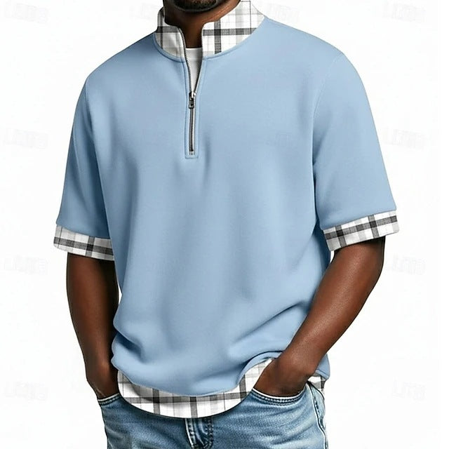[S-3XL] Polo de manga corta para hombre, de algodón puro — Cuello con media cremallera, diseño de doble capa y costuras a cuadros.