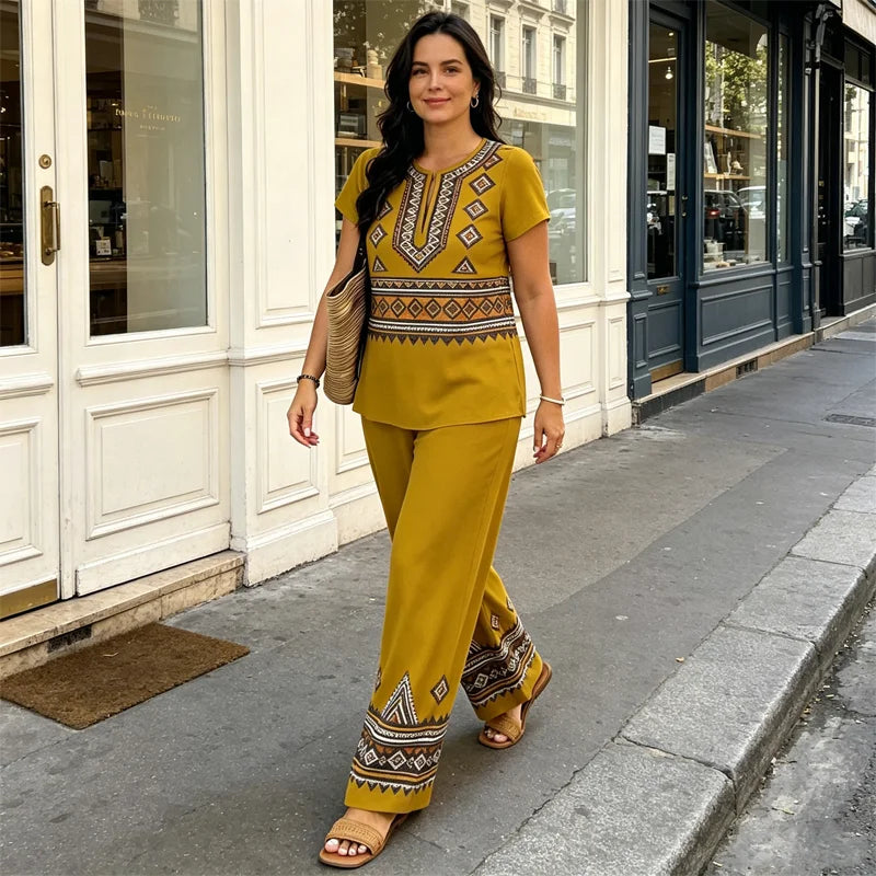🥼 Compleu de Vară Premium: Bluză cu Decolteu în V și Pantaloni Lejeri – Material Fluid, Efect de Alungire, 6 Culori, S-2XL! ✨☀️