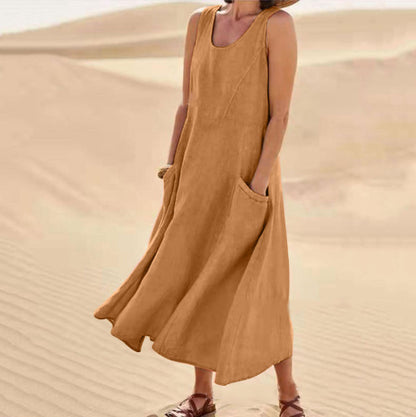 🌈👗【7 barev, S-5XL】💖 Nové elegantní jednobarevné šaty bez rukávů s kulatým výstřihem z bavlny a lnu na léto 2026.