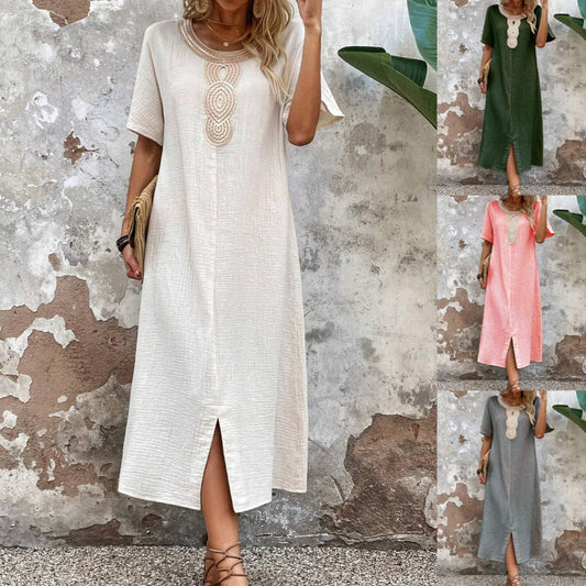 🧚‍♀️👗【50% zniżki 🔥】【S-3XL】💖Letnia duża damska sukienka z okrągłym dekoltem, koronką, krótkim rękawem, czystą bawełną i lnem, rozcięciem i luźną sukienką 3988156