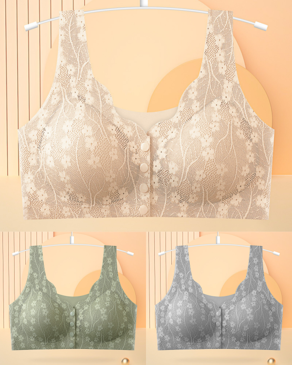 😍【3sztuk】【40-100KG】Damski, bezprzewodowy, koronkowy biustonosz zapinany z przodu-4224375