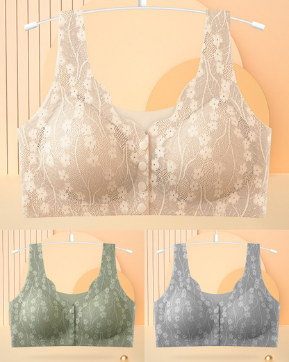 😍【3sztuk】【40-100KG】Damski, bezprzewodowy, koronkowy biustonosz zapinany z przodu-4224375
