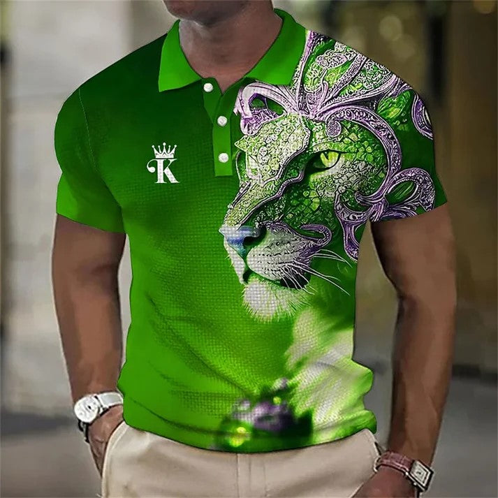 【Novi modeli sniženi 45%.】【S-6XL】Męska koszulka polo z nadrukiem 3D z lwem-3919209
