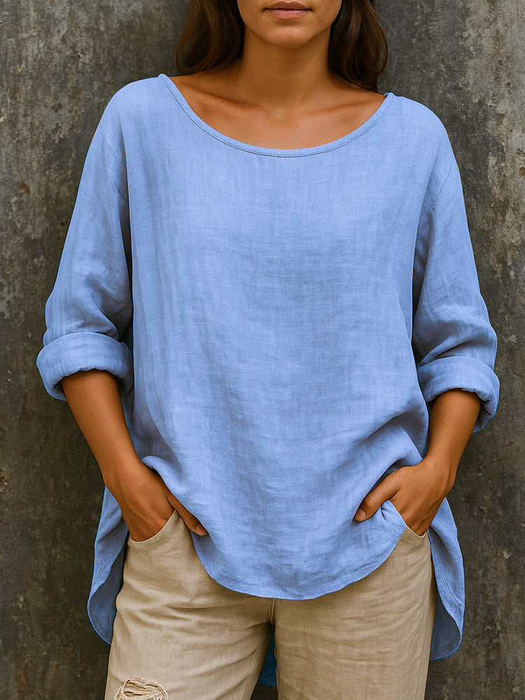 🦋🦋【S-3XL】Vintage stílusú, pamut-len kerek nyakú póló – bő, divatos, nagy méretekre szabva