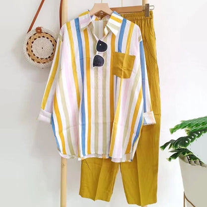 ⏳✨【S-5XL】Nová módní ležérní souprava (pruhovaná košile s potiskem + kalhoty)