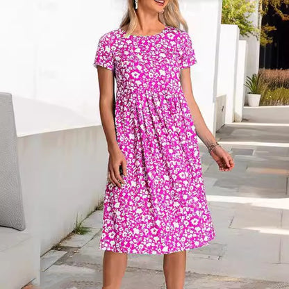 💕💕【Časově omezená nabídka】【S-3XL】Nové letní šaty s krátkým rukávem a kulatým výstřihem s potiskem. Možnost platby na dobírku.