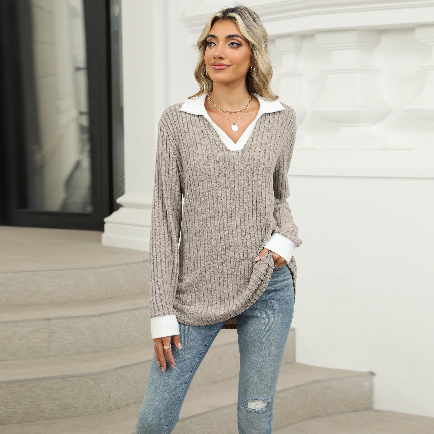 【S-2XL】Nový dámský volný top s dlouhým rukávem a límečkem 4187100