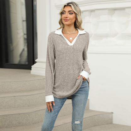 【S-2XL】Nový dámský volný top s dlouhým rukávem a límečkem 4187100