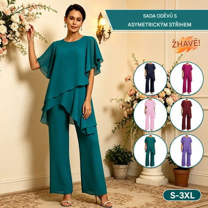 ⭐⏳Elegantní šifonový set: Asymetrický top s volánky a kalhoty s širokými nohavicemi – Sofistikovaný outfit na společenské události, velikost S-3XL
