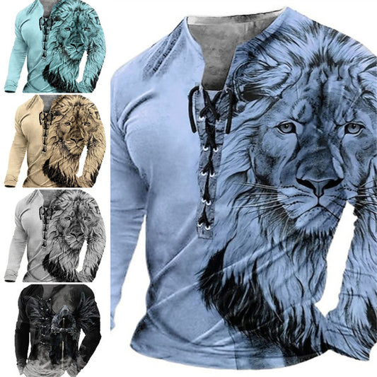 🦁🦁Męski, swobodny T-shirt z długim rękawem i nadrukiem 3D-4251257