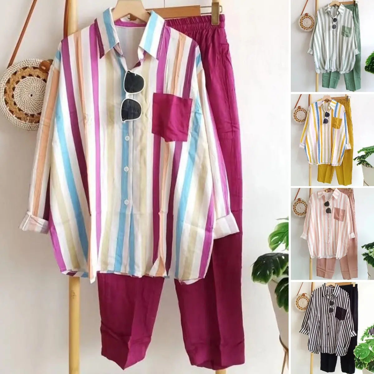 ⏳✨【S-5XL】Nová módní ležérní souprava (pruhovaná košile s potiskem + kalhoty)