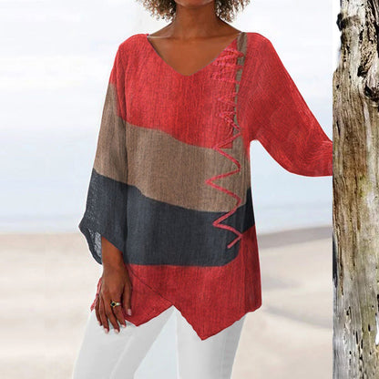 ⏳ Poslední den – sleva 50 % 😍【S~5XL】Dámský elegantní ležérní top s výstřihem do V a dlouhým rukávem, uměleckým vzorem a potiskem-Z