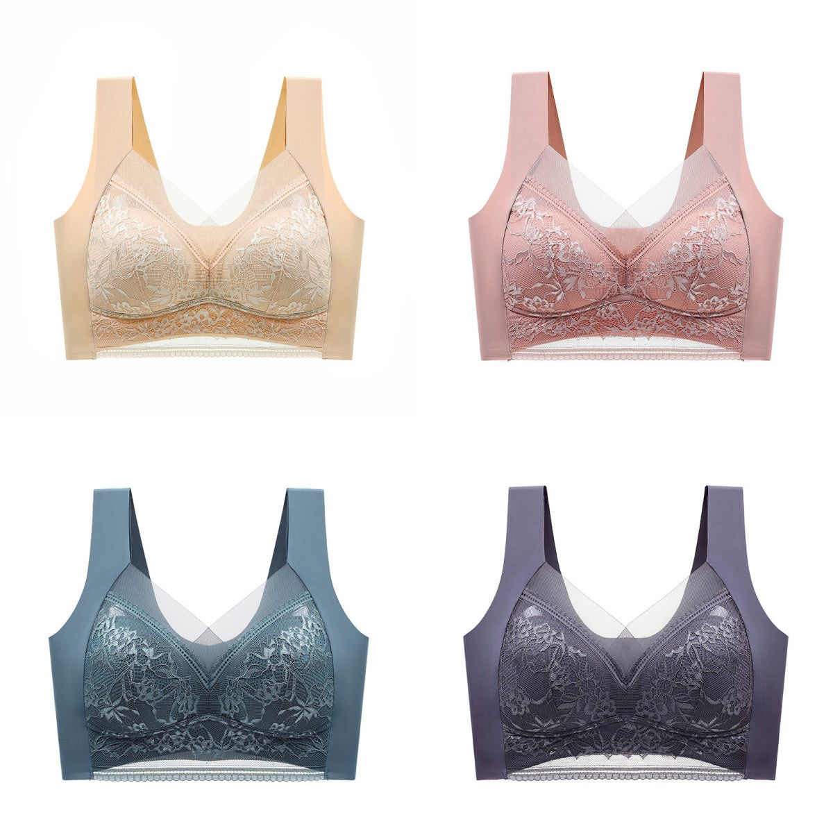 🥰【1 komplet 4 sztuki】👙【40-110 KG】Damski wygodny, bezszwowy koronkowy biustonosz-3891222
