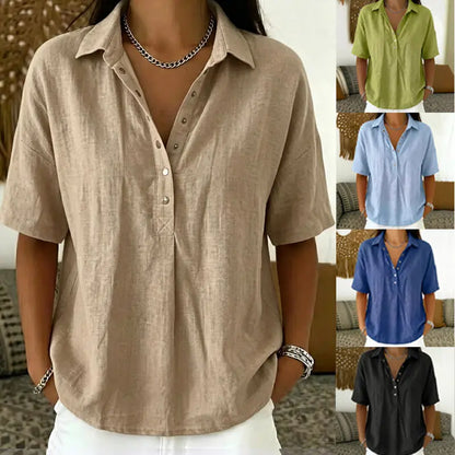 ⏳ Último día, -50%【S–3XL】Camisa mujer de algodón y lino manga corta, corte entallado, transpirable y cómoda, fácil de combinar