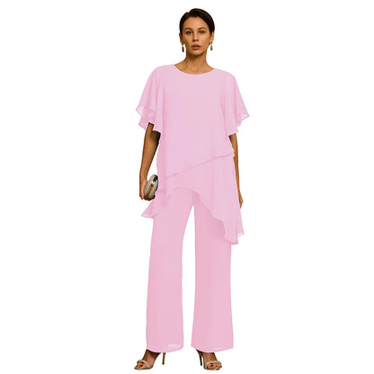 ⭐⏳Elegantní šifonový set: Asymetrický top s volánky a kalhoty s širokými nohavicemi – Sofistikovaný outfit na společenské události, velikost S-3XL
