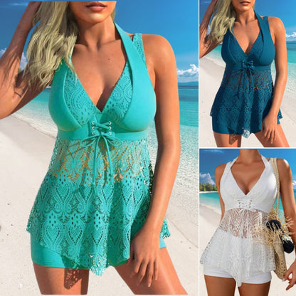 💥【S-2XL】🩱🌴 Új nyári fürdőruha – kivágott nyakú, megkötős kétrészes szett