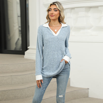 【S-2XL】Nový dámský volný top s dlouhým rukávem a límečkem 4187100