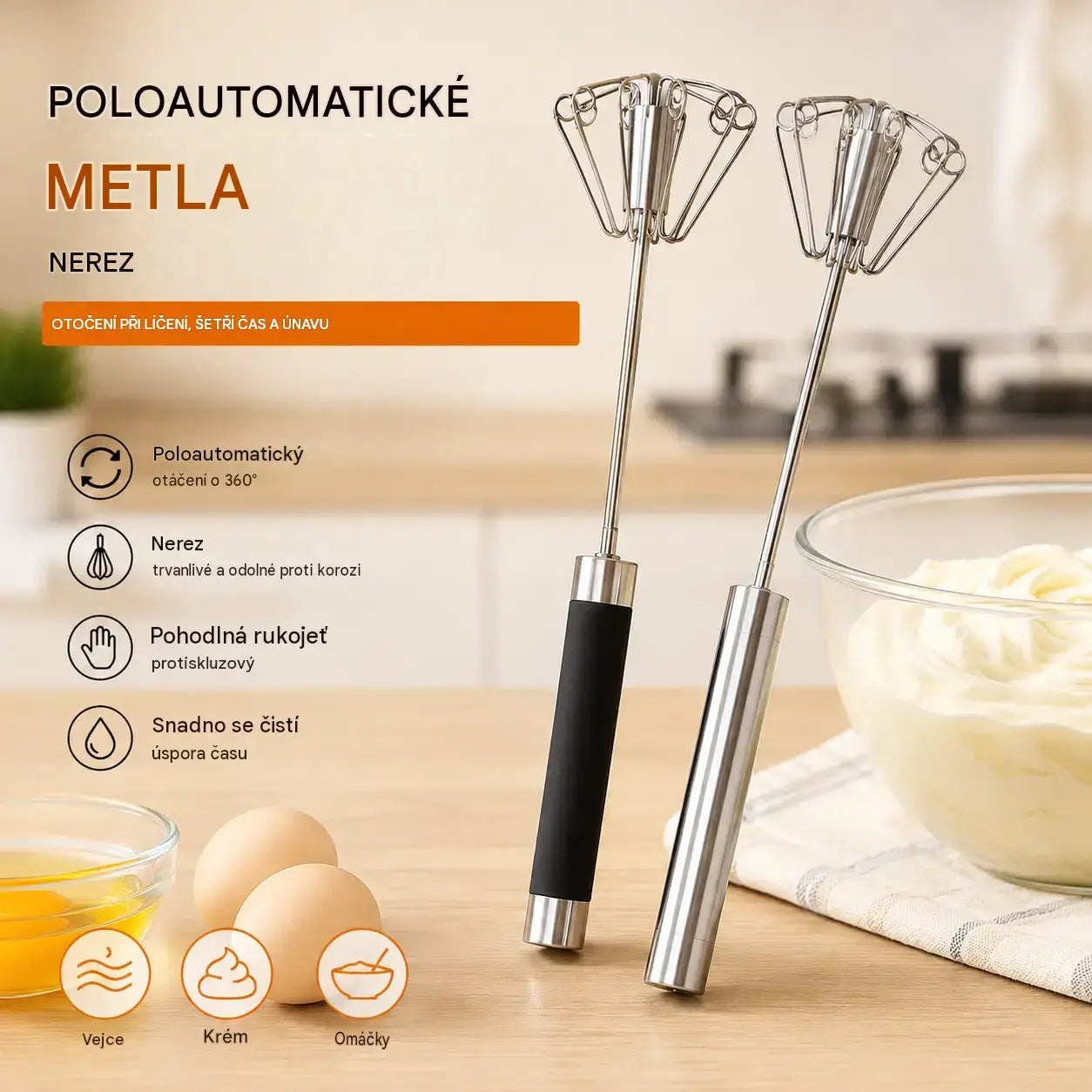 【Dvoudílná sada】Poloautomatický šlehač vajec z nerezové oceli