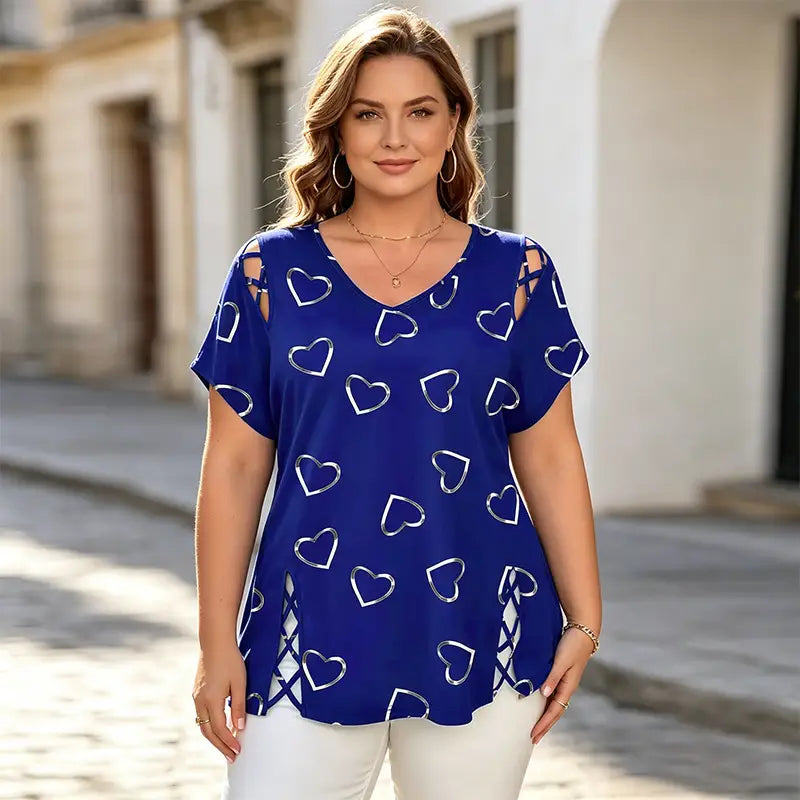 👚【S-5XL】V-nyakú póló szívecskés áttöréssel – stílusos és egyedi!