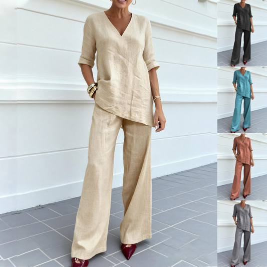 ❤️50% zniżki 💥【40-100kg】2026 Bawełniano-lniany top w jednolitym kolorze z krótkimi rękawami, dekoltem w serek + proste spodnie casualowe ✅️Płatność przy odbiorze-4262545