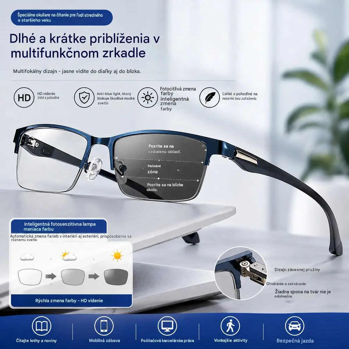 👓Nové polorámové brýle na presbyopii vhodné pro středně staré a starší lidi, s funkcemi zvětšení, multifokální, citlivé na světlo, mění barvu a blokují modré světlo