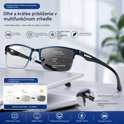 👓Nové polorámové brýle na presbyopii vhodné pro středně staré a starší lidi, s funkcemi zvětšení, multifokální, citlivé na světlo, mění barvu a blokují modré světlo