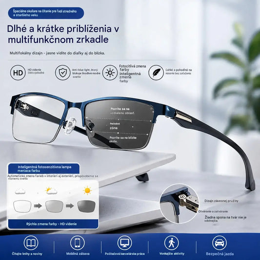 👓Nové polorámové brýle na presbyopii vhodné pro středně staré a starší lidi, s funkcemi zvětšení, multifokální, citlivé na světlo, mění barvu a blokují modré světlo
