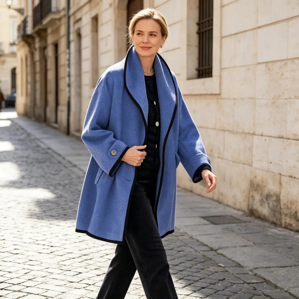 ⭐🤗Női egyszínű gyapjú kabát kapucnival – nagy gallér, laza szabás, kontrasztos szegéllyel