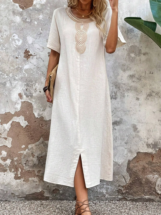 🧚‍♀️👗【Sleva 50 % 🔥】【S-3XL】💖Letní volné dámské šaty s kulatým výstřihem, krajkou, krátkým rukávem, z čisté bavlny a lnu, s rozparkem