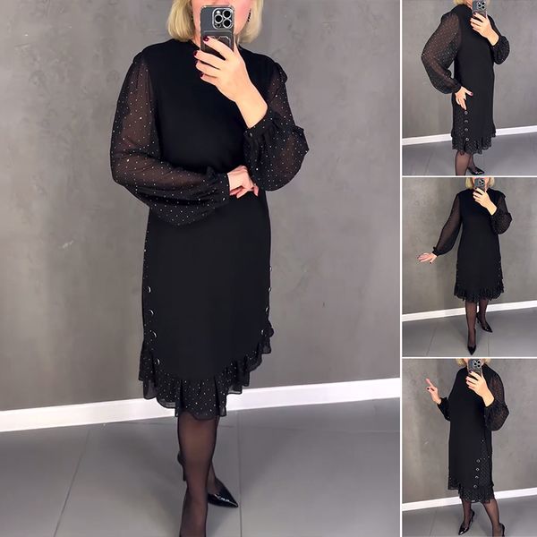 🔥👗【S～5XL】Nova modna enobarvna obleka z dolgimi rokavi in širokimi naborki 4141548