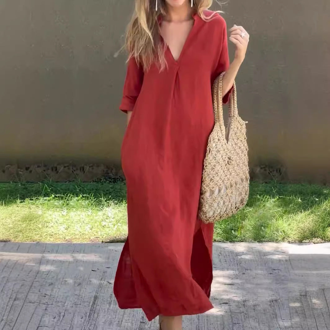 💃💋【50% zniżki 🔥】【S–3XL】Długa lniana spódnica z dekoltem w serek i rozcięciem, wygodna i lekka, idealna na lato-4262267