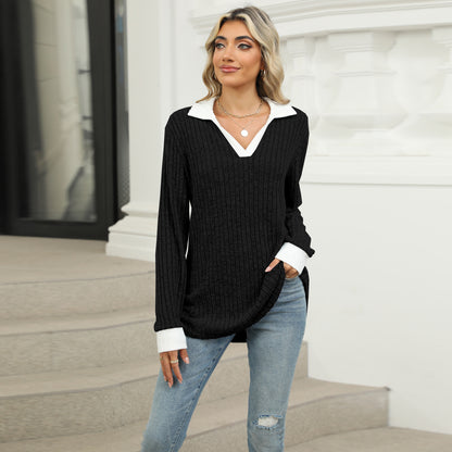 【S-2XL】Nový dámský volný top s dlouhým rukávem a límečkem 4187100