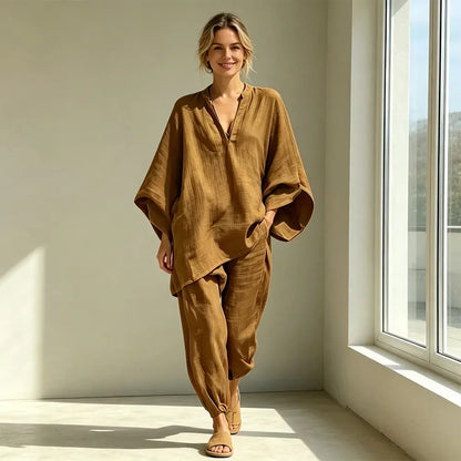 【S-3XL】👗✨ Souprava s volným výstřihem a širokým lemem, netopýřími rukávy, ležérní design, volný střih, ideální pro každodenní nošení - pohodlná a všestranná ✨🌸