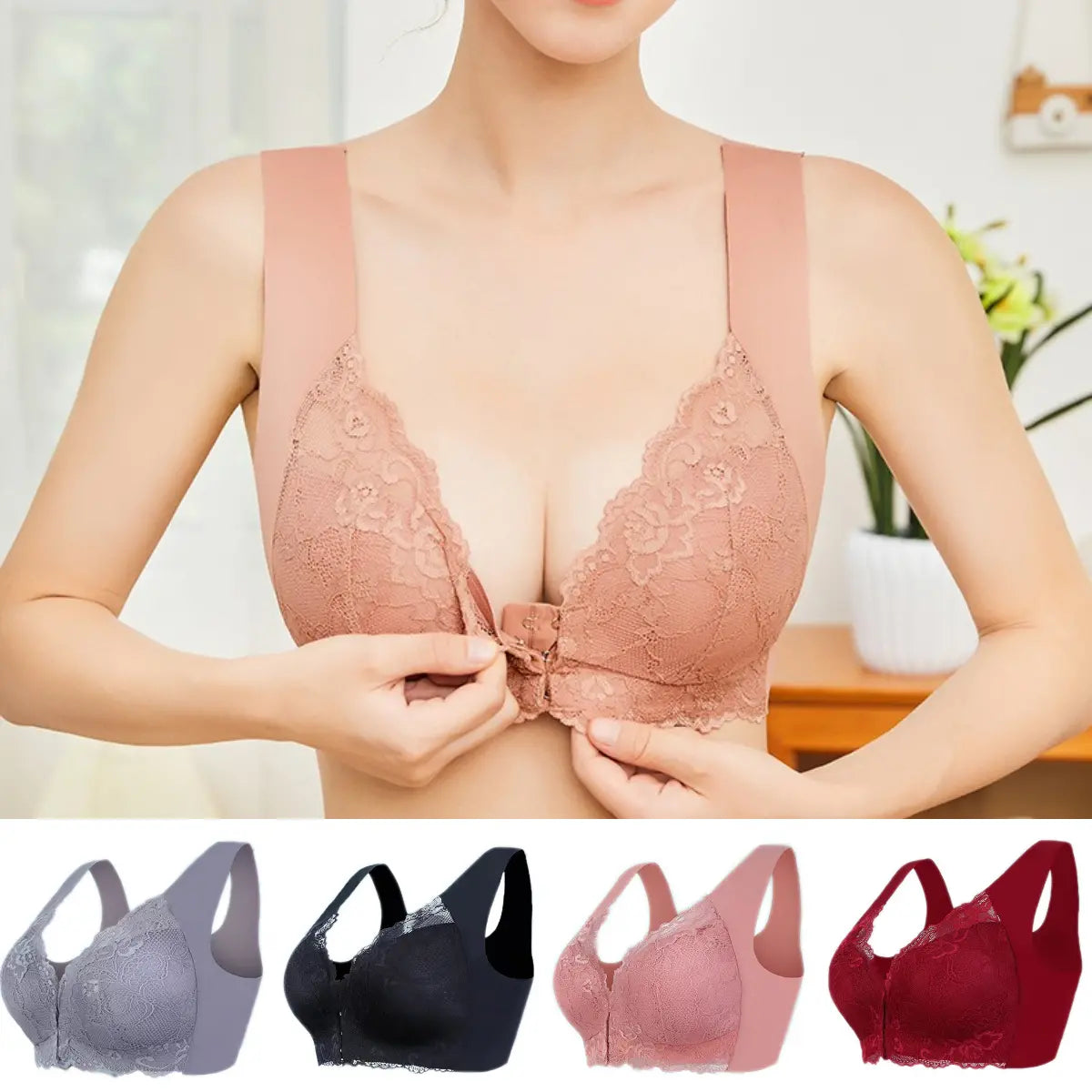 ✨【3dílná sada】Sexy podprsenka pro plnoštíhlé s předním zapínáním – bez kostic s krásným designem na zádech
