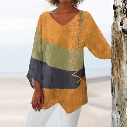 ⏳ Poslední den – sleva 50 % 😍【S~5XL】Dámský elegantní ležérní top s výstřihem do V a dlouhým rukávem, uměleckým vzorem a potiskem-Z