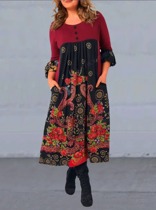 【S-5XL】👗2025 nowa, jesienna i zimowa sukienka na co dzień z długimi rękawami i nadrukiem w stylu retro-3896590