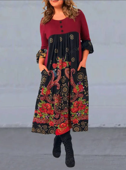 【S-5XL】👗2025 nowa, jesienna i zimowa sukienka na co dzień z długimi rękawami i nadrukiem w stylu retro-3896590