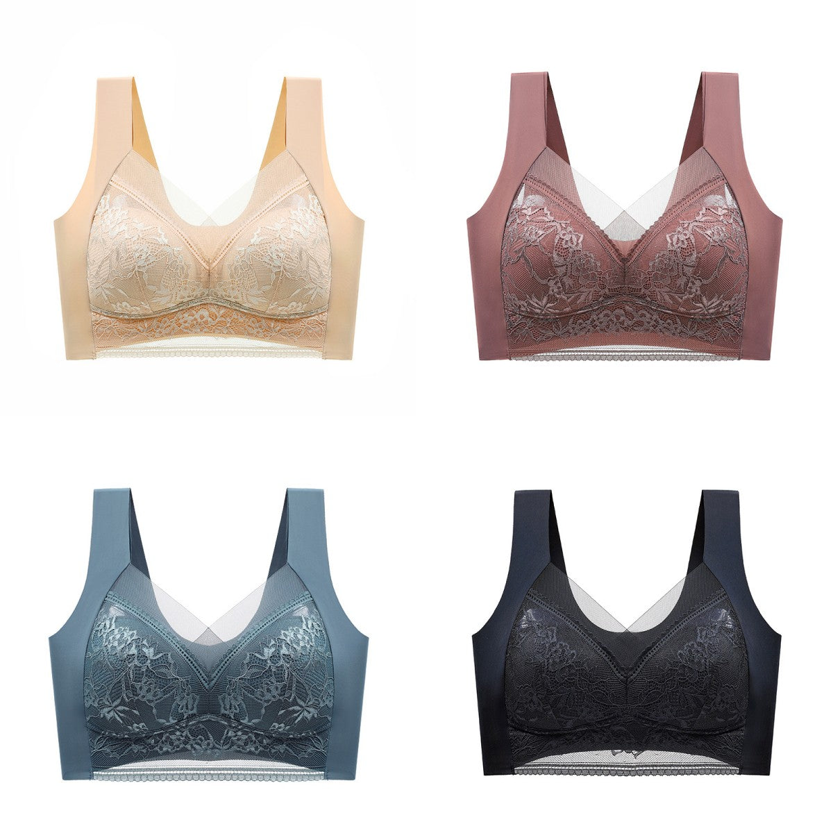 🥰【1 komplet 4 sztuki】👙【40-110 KG】Damski wygodny, bezszwowy koronkowy biustonosz-3891222