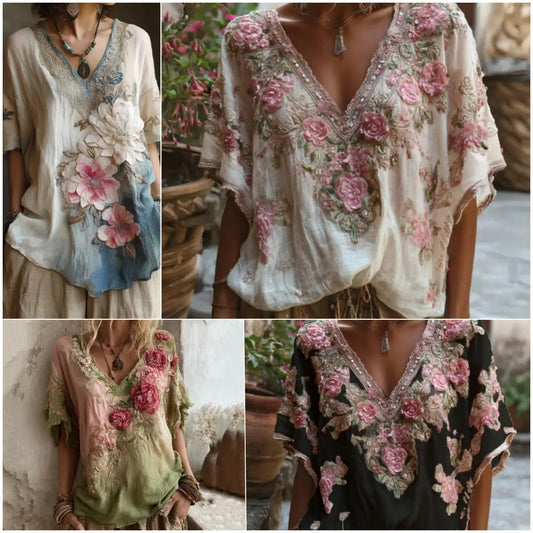 💕 Poslední den – sleva 50 %【40–110 KG】Letní elegantní dámské tričko s krátkým rukávem, výstřihem do V a potiskem, zeštíhlující střih