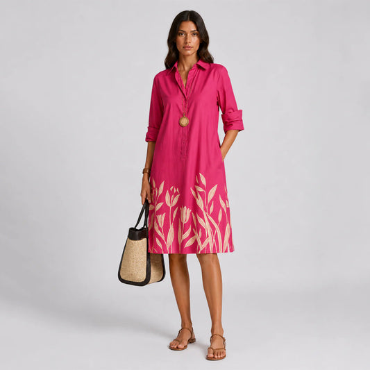 💖【S-5XL】Stylové a elegantní dlouhé šaty s potiskem, košilový límec, dlouhý rukáv, midi délka