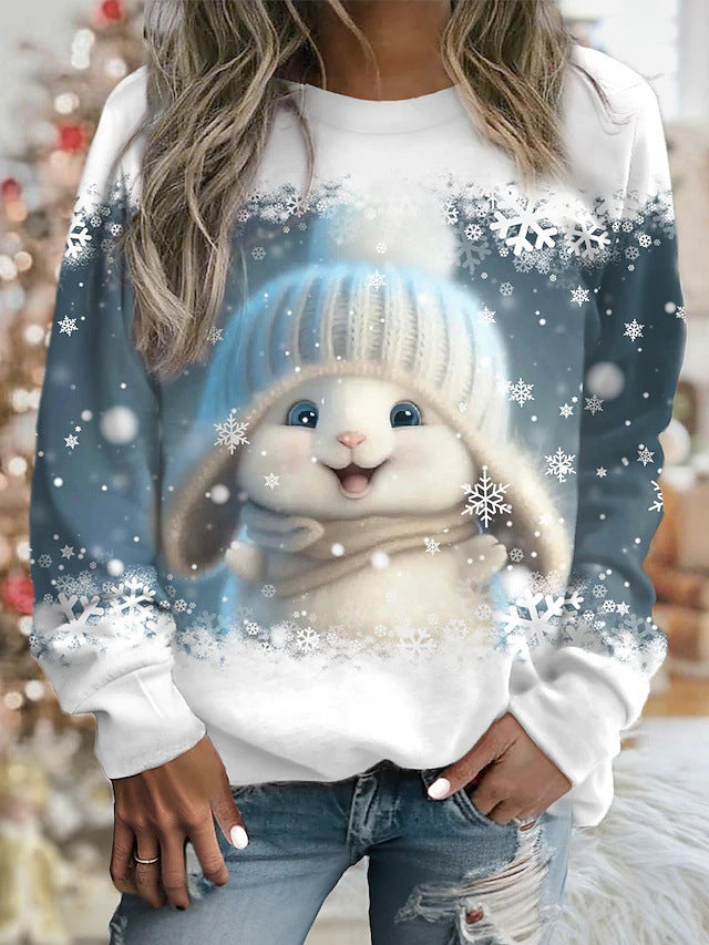 💖 Zimní akce 💖 Dámská zimní mikina s kulatým výstřihem a roztomilým potiskem zajíčka