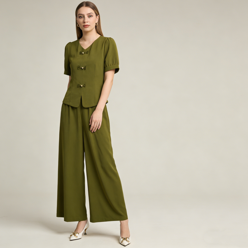 🌸【M-5XL】 Tavaszi divatos jégselyem női szett – Felső + bő szárú nadrág