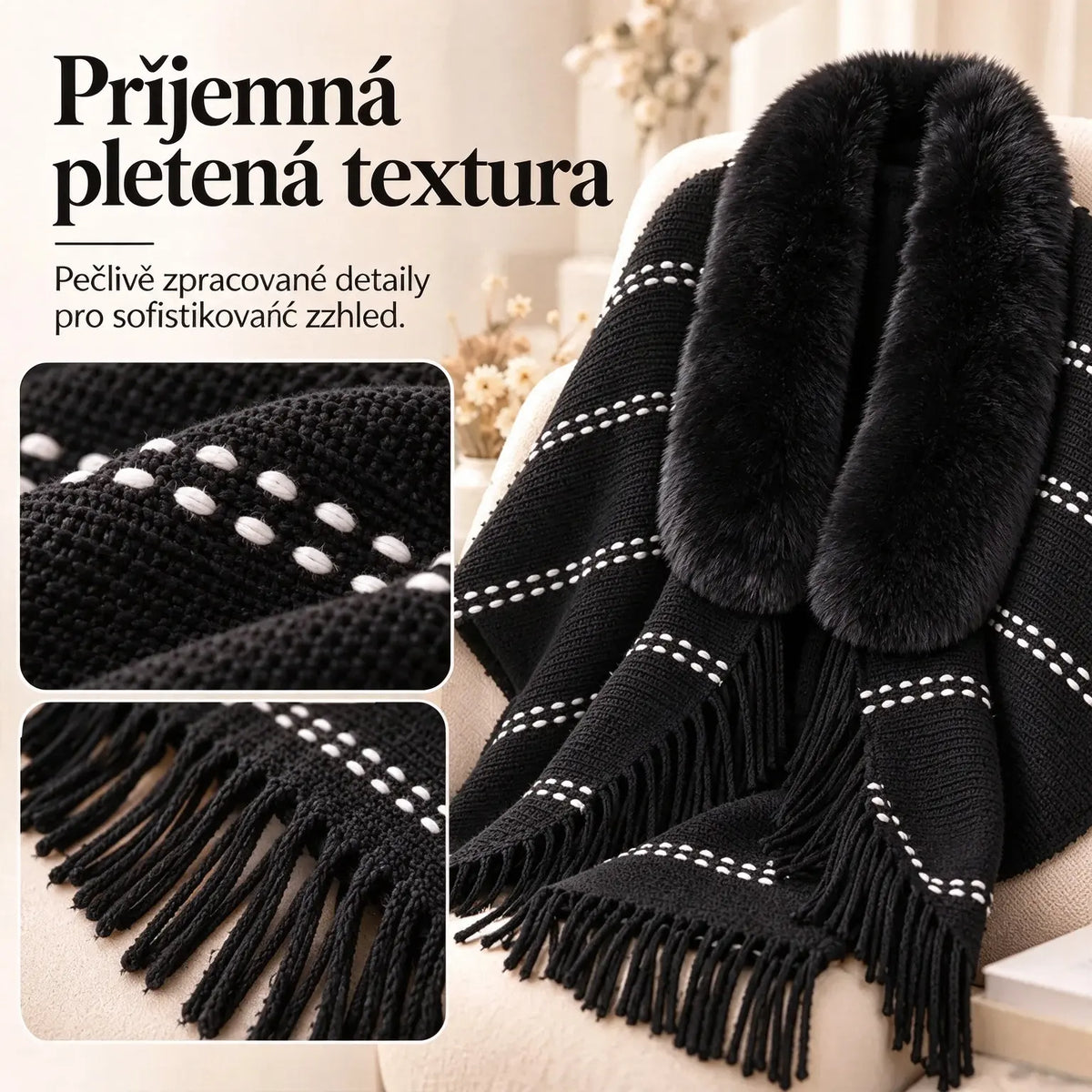🧣✨ Ženský pletený pončo s kožím límečkem a třásněmi, teplý podzimní a zimní šál, volný střih, tvaruje postavu ✨