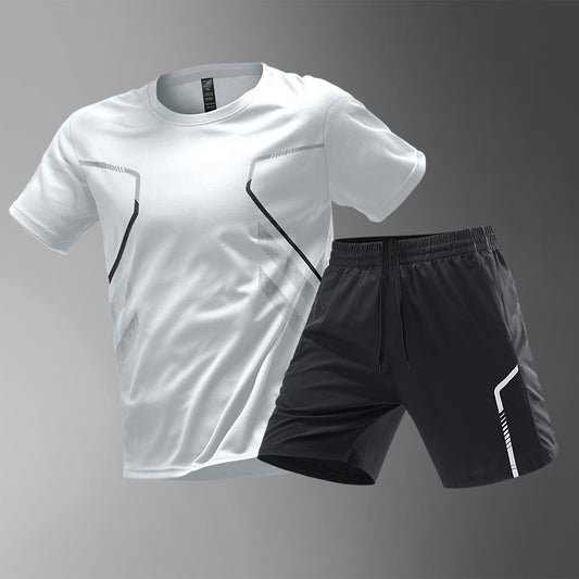 [M-5XL] Pánská dvoudílná sportovní souprava z rychleschnoucího materiálu ledového hedvábí - pohodlné tričko s krátkým rukávem a kraťasy