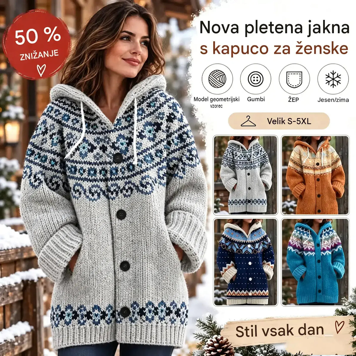 🤗🔥【S~5XL】✨Jesen/zima Nova elegantna barvita retro jakna s kapuco