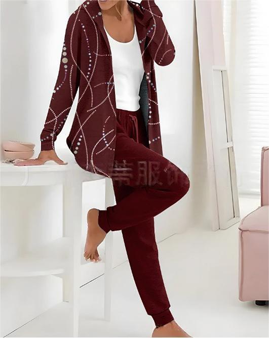 🥼👖🔥[S-3XL] Modny jesienno-zimowy damski komplet spodni z długim rękawem z nadrukiem, dwuczęściowy-3765118